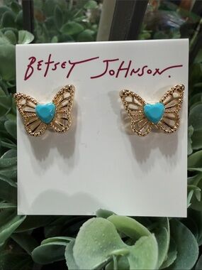 Betsey Johnson Gold Butterfly Heart Stud Earrings with Turquoise Centers